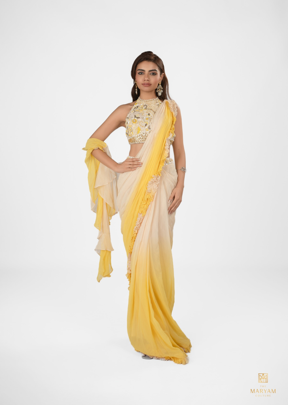 Yellow and White Ready to Wear Saree