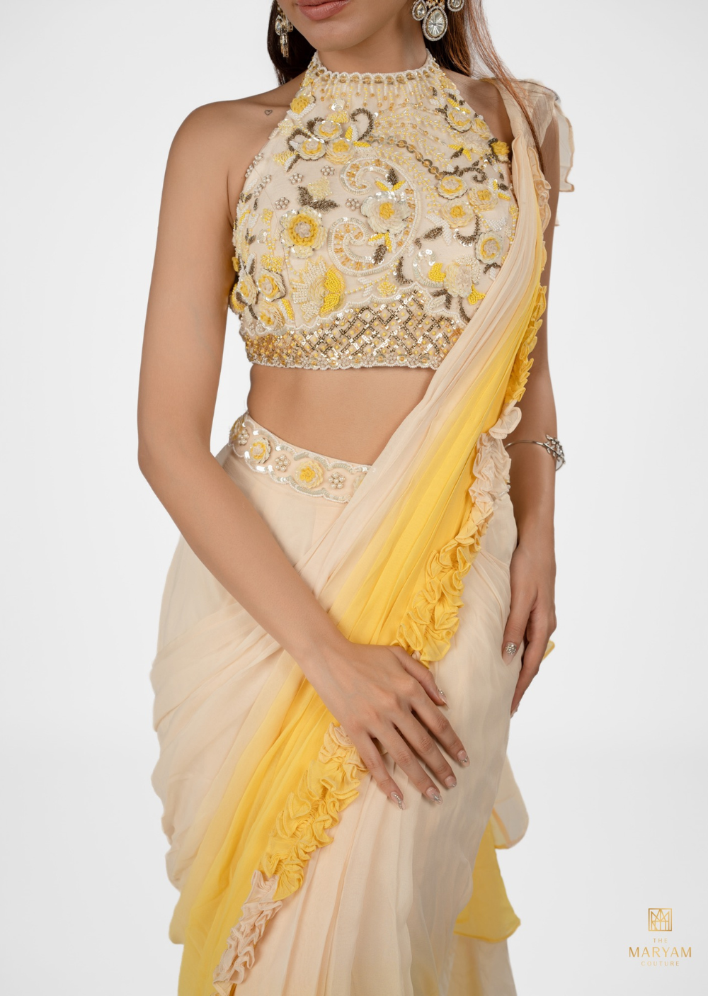 Yellow and White Ready to Wear Saree