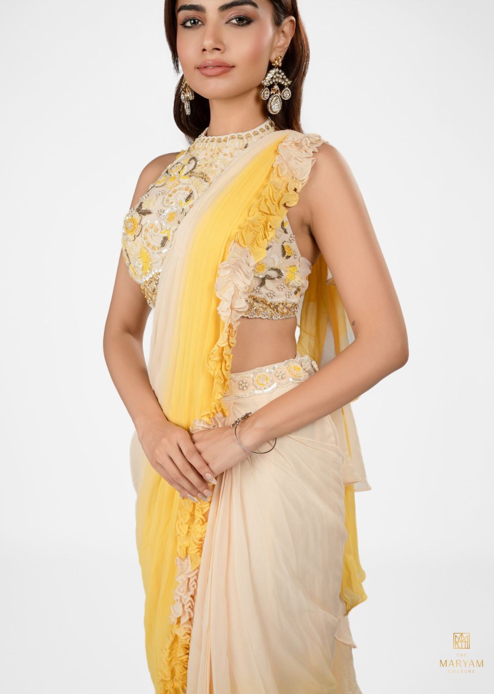 Yellow and White Ready to Wear Saree