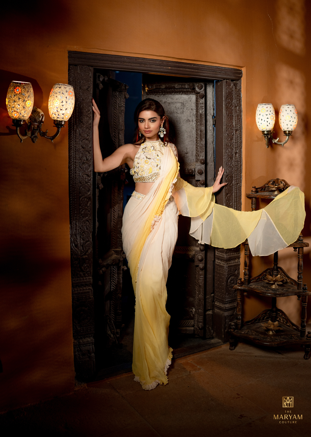 Yellow and White Ready to Wear Saree