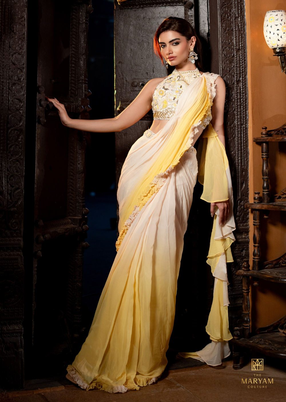 Yellow and White Ready to Wear Saree