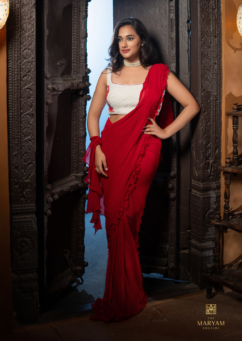 Red and White Ready to Wear Saree